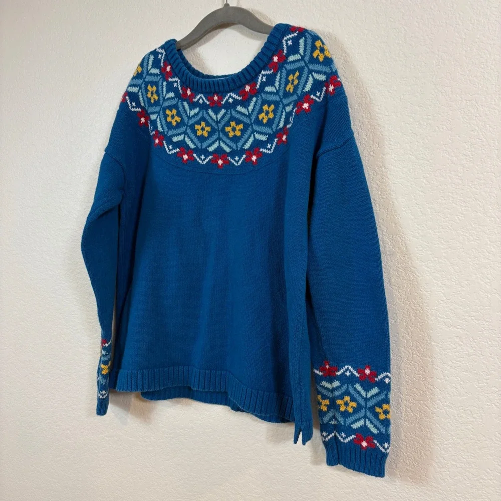 Hanna Andersson Sweater Kids 140 9-10yr Blue Fair Isle Nordic Cotton Pullover